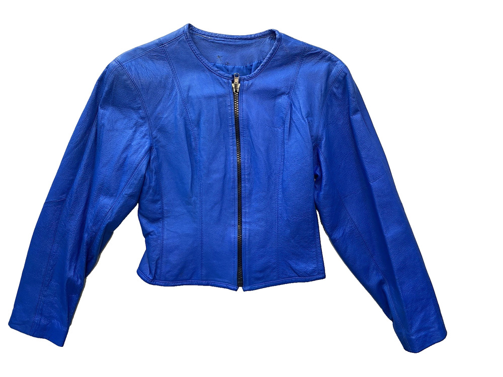 Vintage Leather Jacket Women XS Blue Retro Punk Glam 90s Lightweight Moto Coat